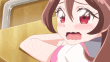 a close up of a girl with red eyes and a surprised look on her face