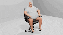 a bald man is sitting in an office chair with his legs crossed