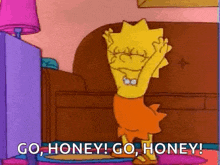 lisa simpson is dancing in a living room with her hands in the air .