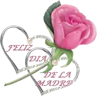 a pink rose is surrounded by two silver hearts and the words feliz dia de la madre