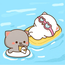 a cartoon of a cat and a white cat floating on a raft in the water