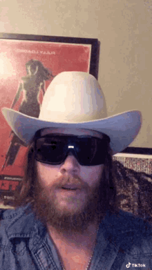 a man with a beard is wearing a cowboy hat and sunglasses .