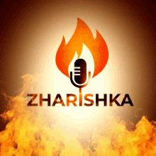 a logo for zharishka with a microphone in front of a fire