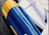 a cartoon of a person holding a blue and yellow capsule