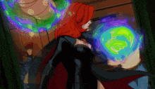 a cartoon of a woman with red hair standing in front of a colorful circle .
