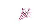 a red and white drawing of a party cone with stars coming out of it