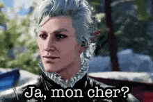 a man with gray hair is talking to another man in a video game while wearing a black jacket .