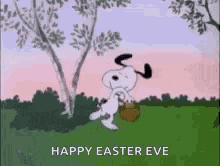 snoopy is holding an easter basket in a field and says happy easter eve .