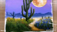 a painting of a desert with cactus and a full moon made in animatica