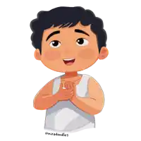 a cartoon drawing of a boy clapping his hands with the name miradoodles below him