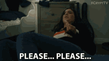a woman laying on the floor with the words please please behind her
