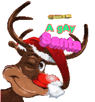 a cartoon reindeer wearing a santa hat with the words " om's a gay santa " on it