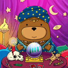 a cartoon illustration of a bear wearing a turban sitting at a table with a crystal ball
