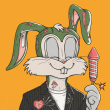a cartoon of a bunny holding a fireworks display
