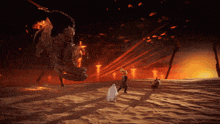 a group of people standing in a desert in front of a giant monster