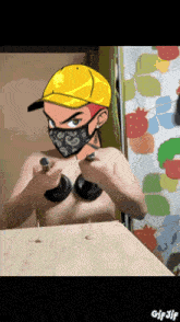 a cartoon of a man wearing a mask and a yellow cap