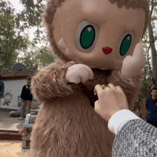a person is touching a stuffed animal that has green eyes