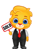 a cartoon character in a suit and tie holds up a sold sign