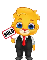 a cartoon character in a suit and tie holds up a sold sign