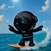 a cartoon character is riding a wave on a surfboard with pilot3 written in the corner