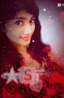 a girl is surrounded by red roses and the name agr is on the bottom left