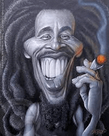 it is a caricature of bob marley smoking a cigarette and smiling .