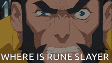 two blue cartoon characters with the words where is rune slayer