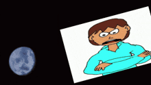 a cartoon of a boy with his arms crossed and a comet coming out of the sky