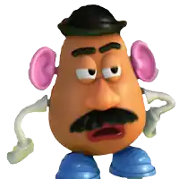 a mr potato head with a hat and mustache has a surprised look on his face