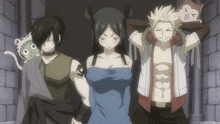 a group of anime characters standing next to each other with a cat behind them