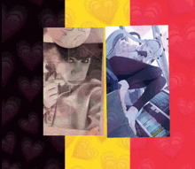 a black and white photo of a person and a picture of a girl on a red and yellow background with hearts