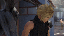 a video game character named aerith talks to a monster
