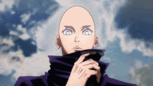 a bald anime character with blue eyes and a black scarf around his neck