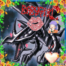 a picture of a girl kissing a dragon with the word babygirl in red letters