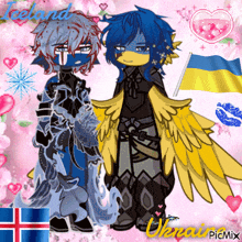 a couple of cartoon characters standing next to each other with the word iceland in the background