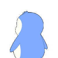 a blue and white penguin is standing on a white surface