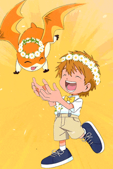 a cartoon of a boy wearing a flower crown and a fox with wings