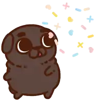a cartoon pug with sprinkles falling on it