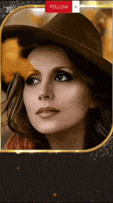 a woman wearing a hat has a follow button on the bottom right