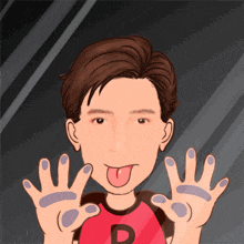 a cartoon of a man sticking his tongue out and wearing a red shirt with the letter p on it