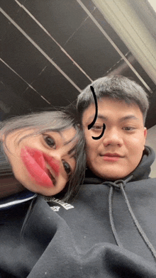 a man and a woman are posing for a picture and the woman has pink lipstick on her lips