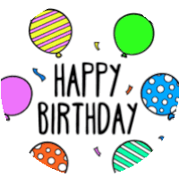 a happy birthday greeting card with balloons in the background
