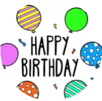 a happy birthday greeting card with balloons in the background