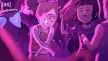 a cartoon of a girl with glasses and a heart on her cheek dancing in a crowd