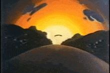 a cartoon drawing of a sunset over a mountain