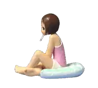 a girl in a pink tank top is sitting on an inflatable ring smoking a cigarette