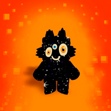 a cartoon drawing of a black monster with a smile on his face