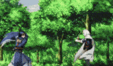 two samurai are fighting in the woods with their swords