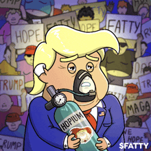 a cartoon of donald trump holding a bottle that says hopium