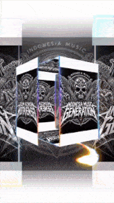 a poster for indonesia music generation with skulls and guitars on it